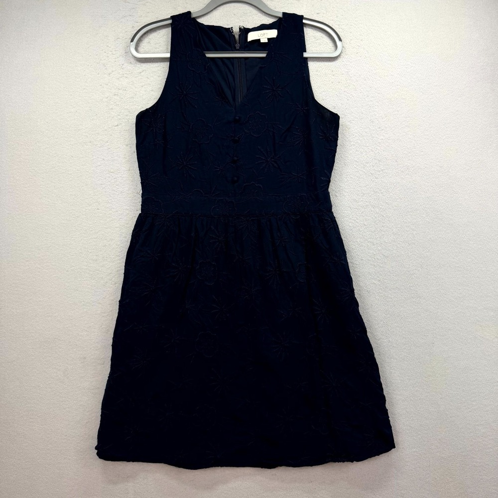 LOFT Tank Dress Womens 6 Navy Blue Embroidery Floral Wide Straps V-Neck Back Zip